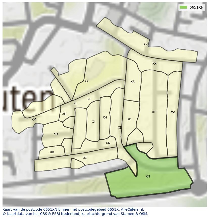 Afbeelding van het postcodegebied 6651 XN op de kaart.