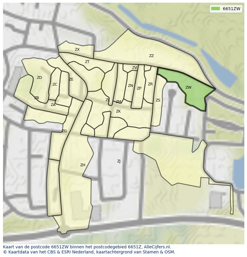 Afbeelding van het postcodegebied 6651 ZW op de kaart.