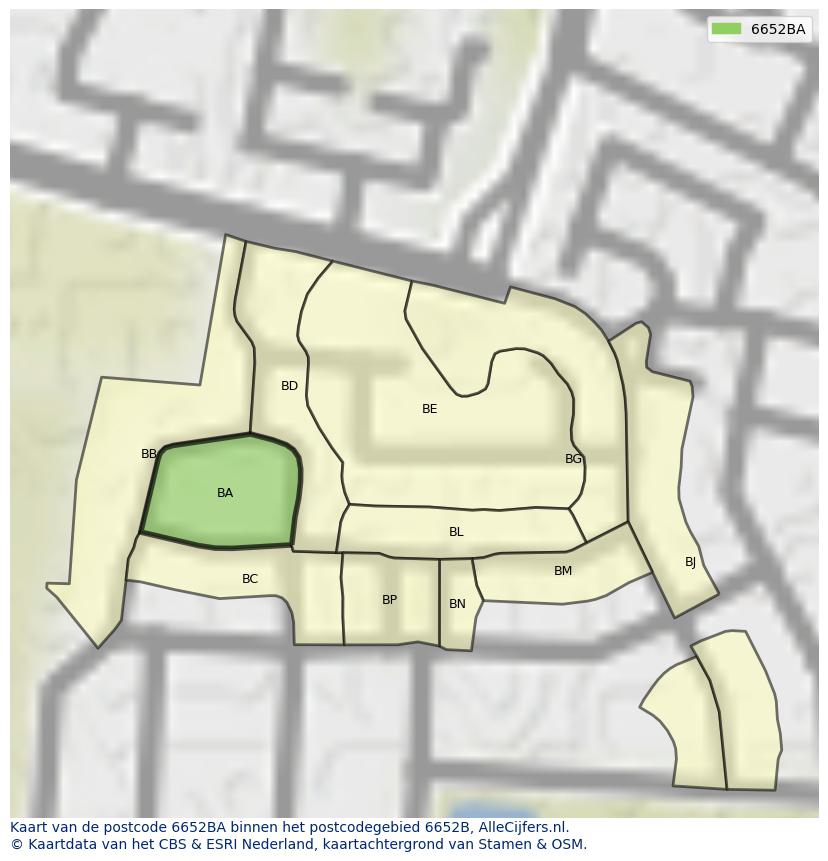 Afbeelding van het postcodegebied 6652 BA op de kaart.
