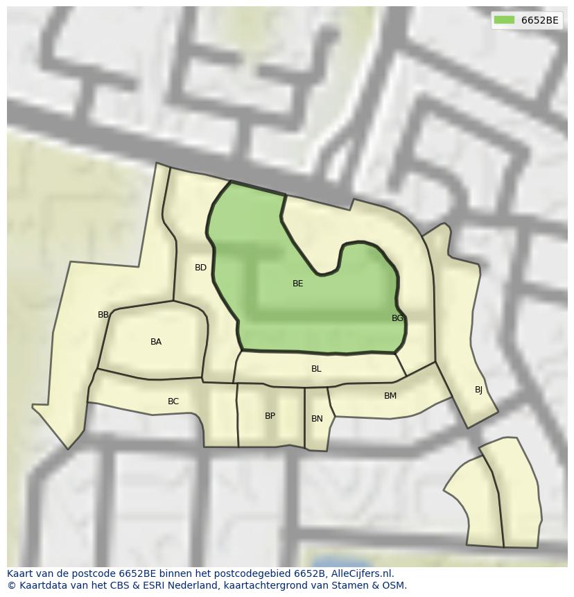 Afbeelding van het postcodegebied 6652 BE op de kaart.
