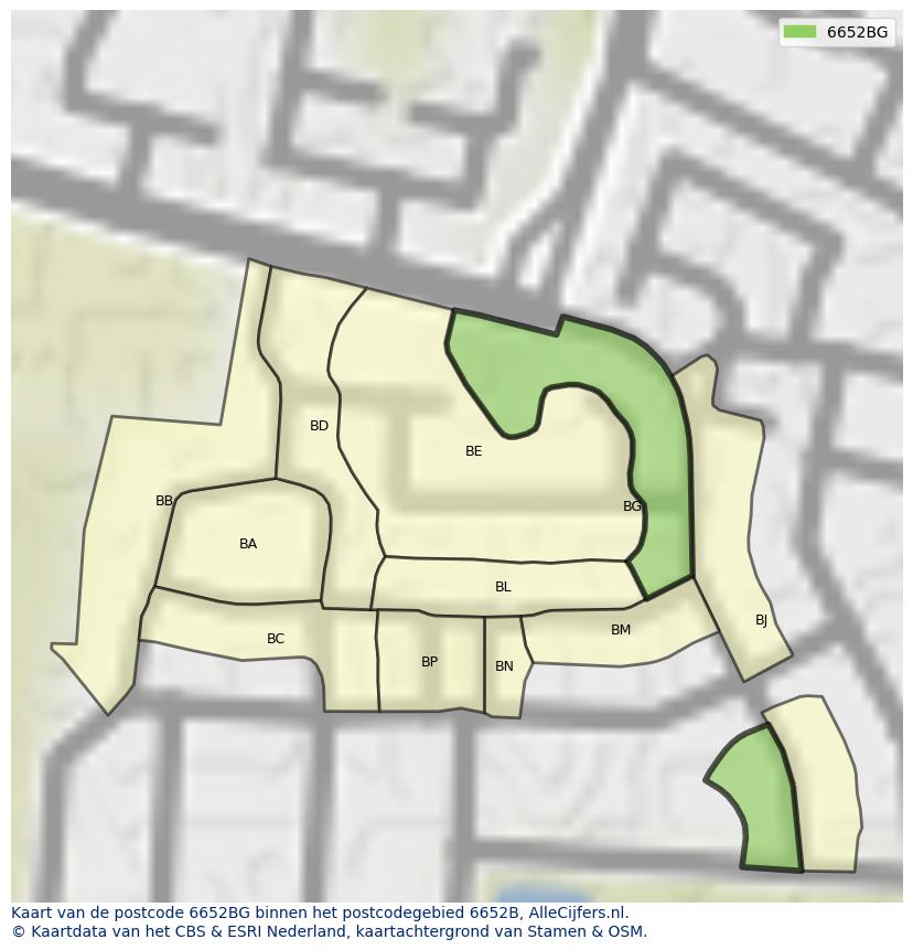 Afbeelding van het postcodegebied 6652 BG op de kaart.