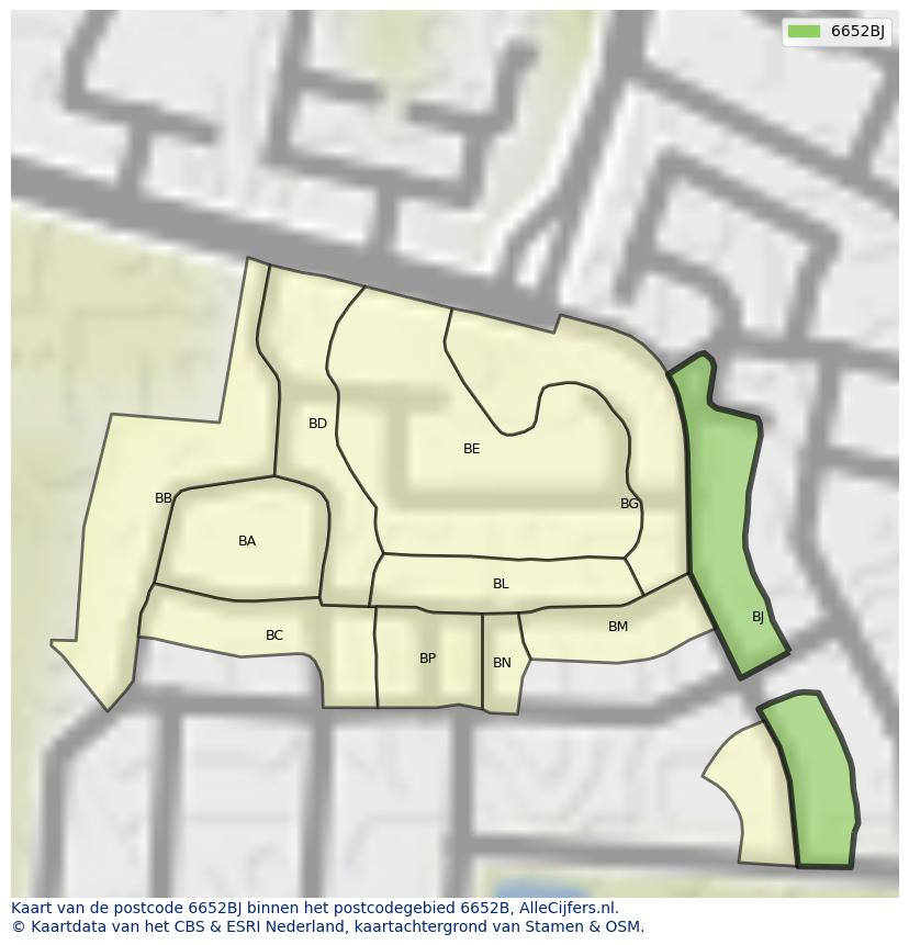 Afbeelding van het postcodegebied 6652 BJ op de kaart.