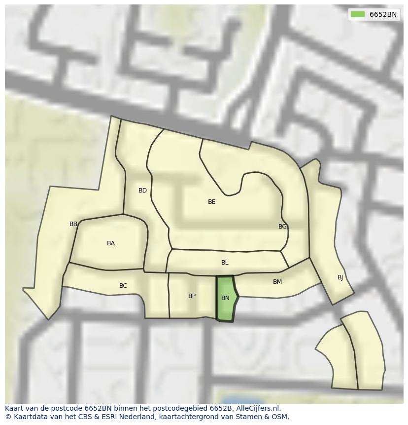 Afbeelding van het postcodegebied 6652 BN op de kaart.
