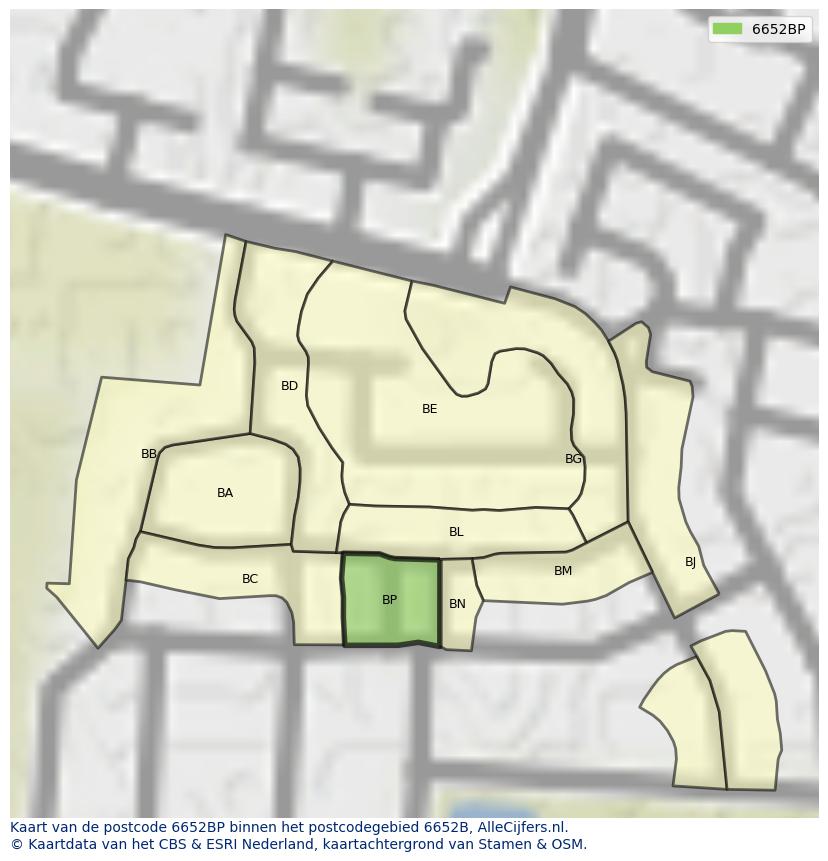 Afbeelding van het postcodegebied 6652 BP op de kaart.