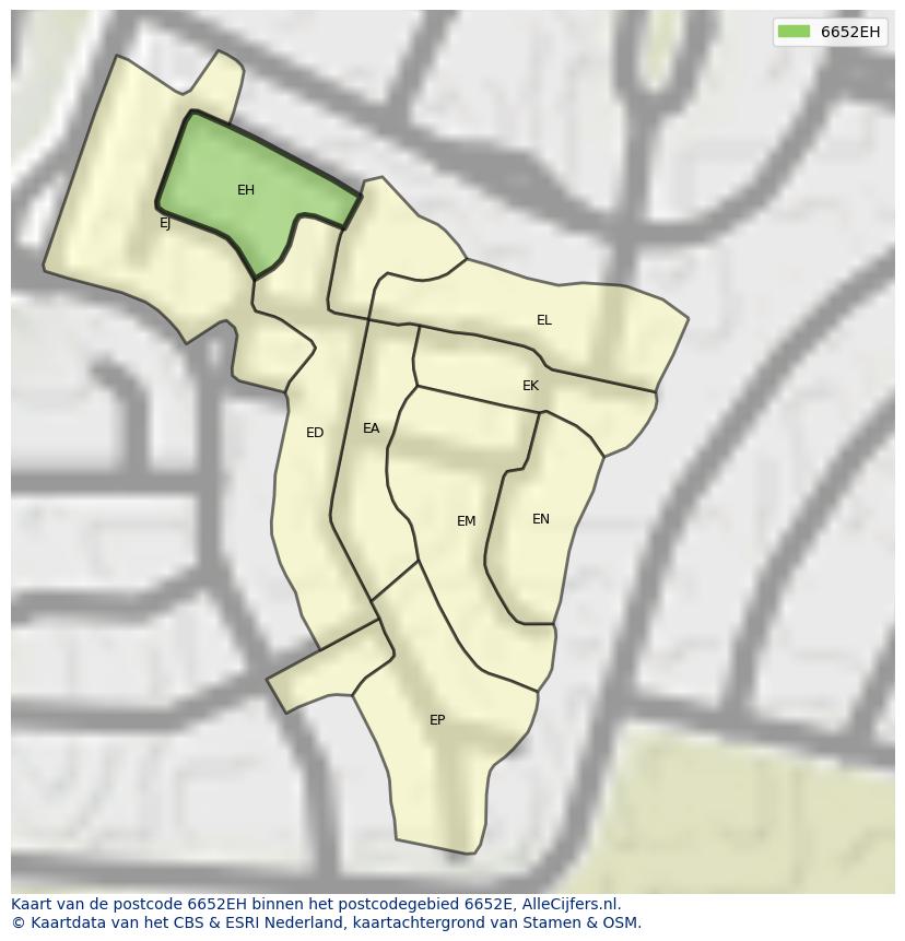 Afbeelding van het postcodegebied 6652 EH op de kaart.