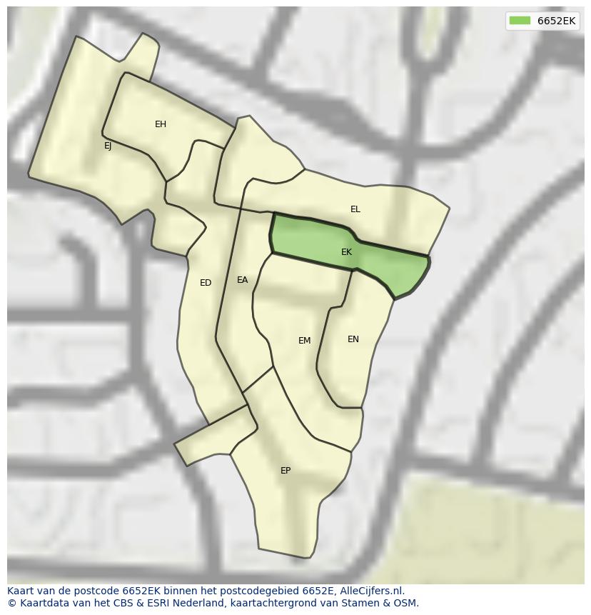 Afbeelding van het postcodegebied 6652 EK op de kaart.