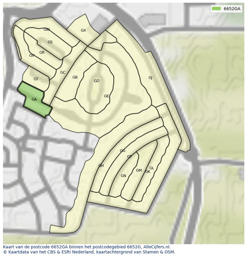 Afbeelding van het postcodegebied 6652 GA op de kaart.
