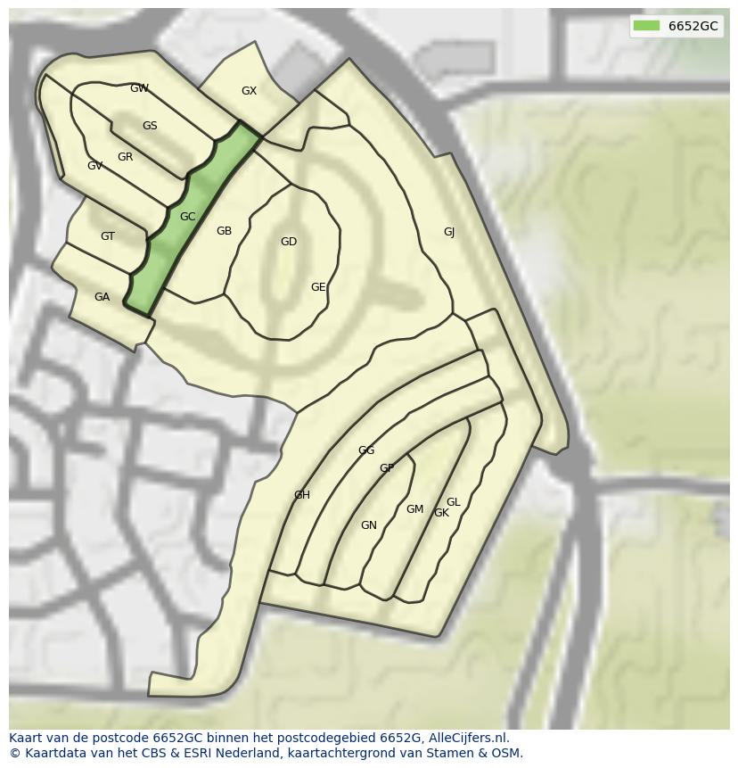 Afbeelding van het postcodegebied 6652 GC op de kaart.