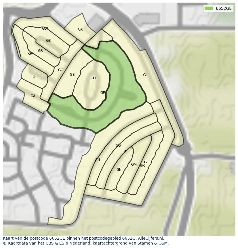 Afbeelding van het postcodegebied 6652 GE op de kaart.