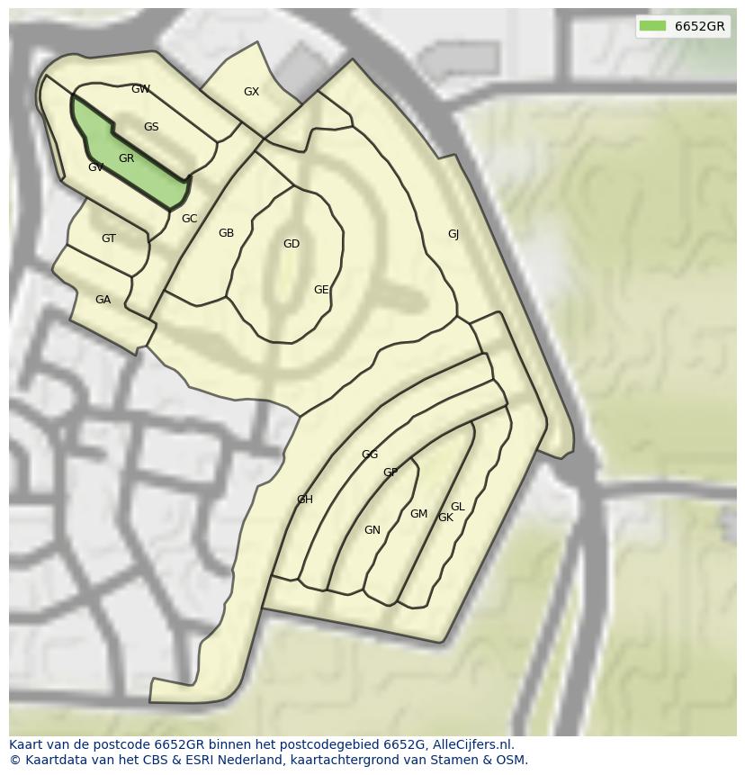 Afbeelding van het postcodegebied 6652 GR op de kaart.