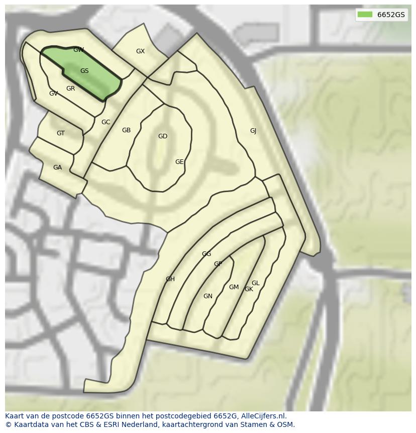Afbeelding van het postcodegebied 6652 GS op de kaart.