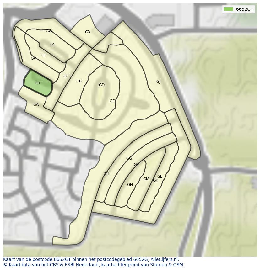 Afbeelding van het postcodegebied 6652 GT op de kaart.