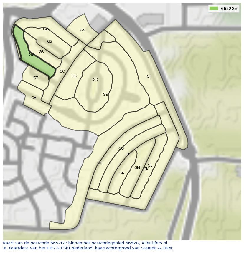 Afbeelding van het postcodegebied 6652 GV op de kaart.