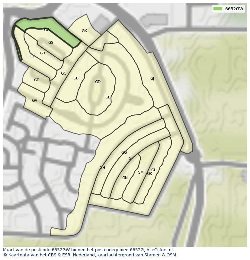 Afbeelding van het postcodegebied 6652 GW op de kaart.