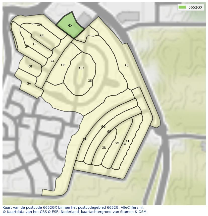 Afbeelding van het postcodegebied 6652 GX op de kaart.