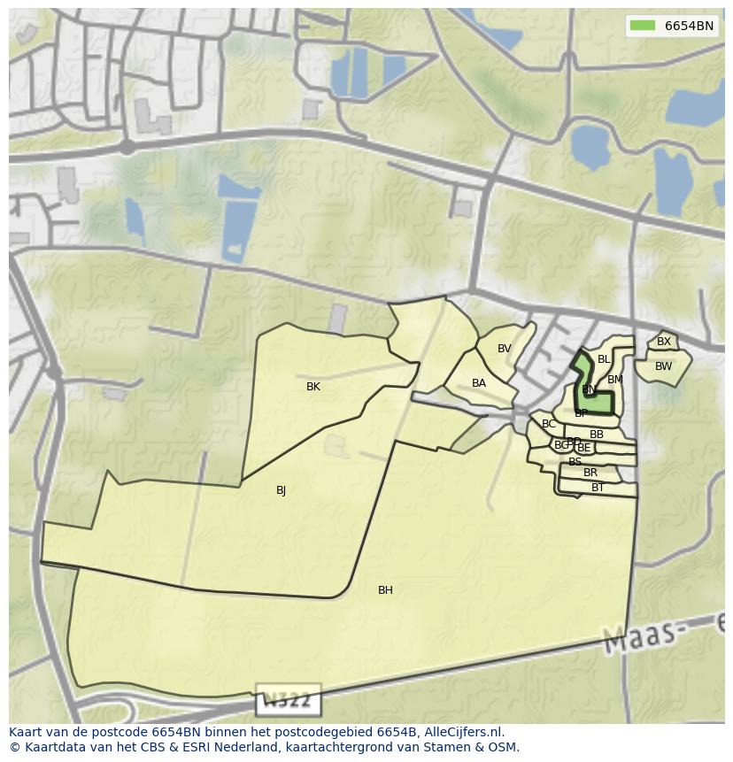 Afbeelding van het postcodegebied 6654 BN op de kaart.
