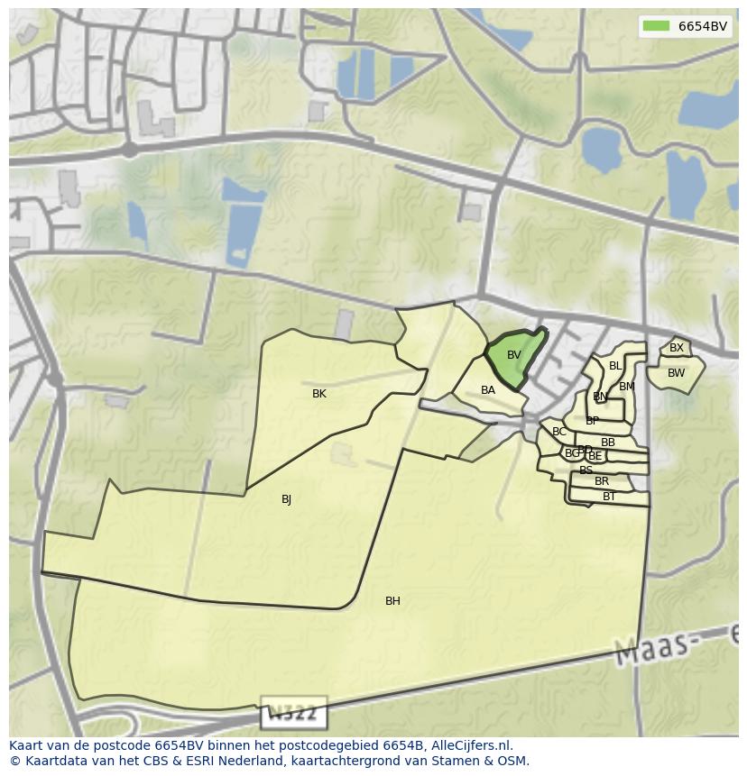 Afbeelding van het postcodegebied 6654 BV op de kaart.