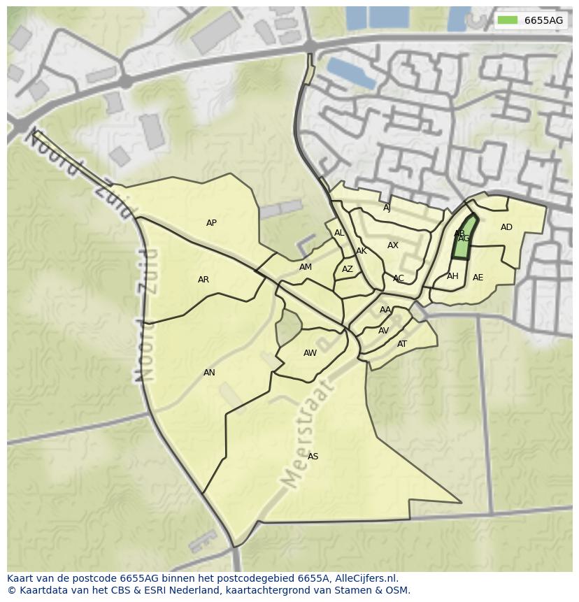 Afbeelding van het postcodegebied 6655 AG op de kaart.