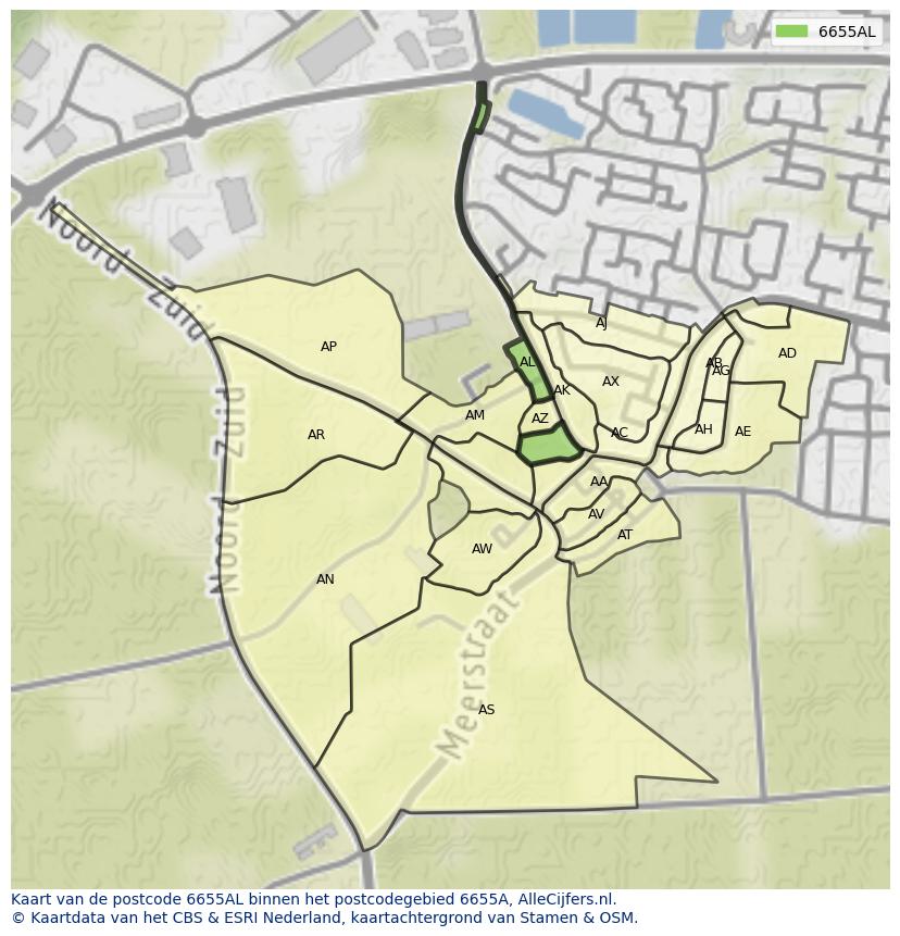 Afbeelding van het postcodegebied 6655 AL op de kaart.