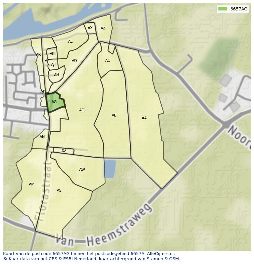Afbeelding van het postcodegebied 6657 AG op de kaart.