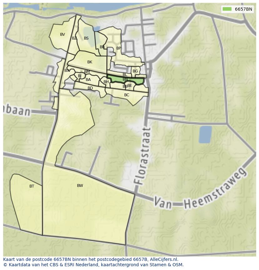 Afbeelding van het postcodegebied 6657 BN op de kaart.