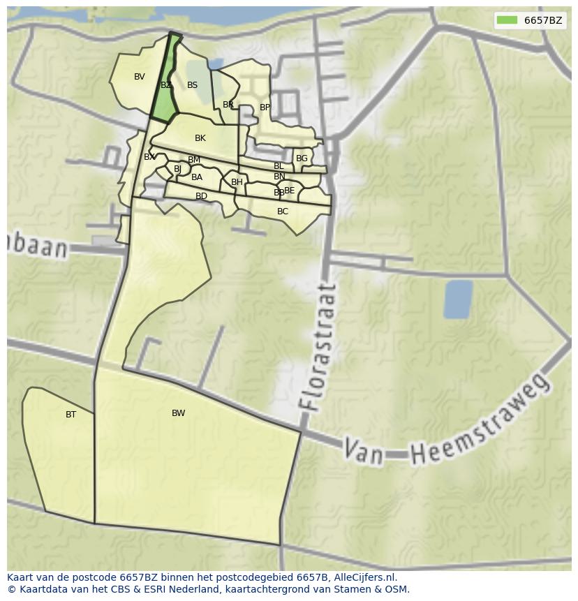 Afbeelding van het postcodegebied 6657 BZ op de kaart.