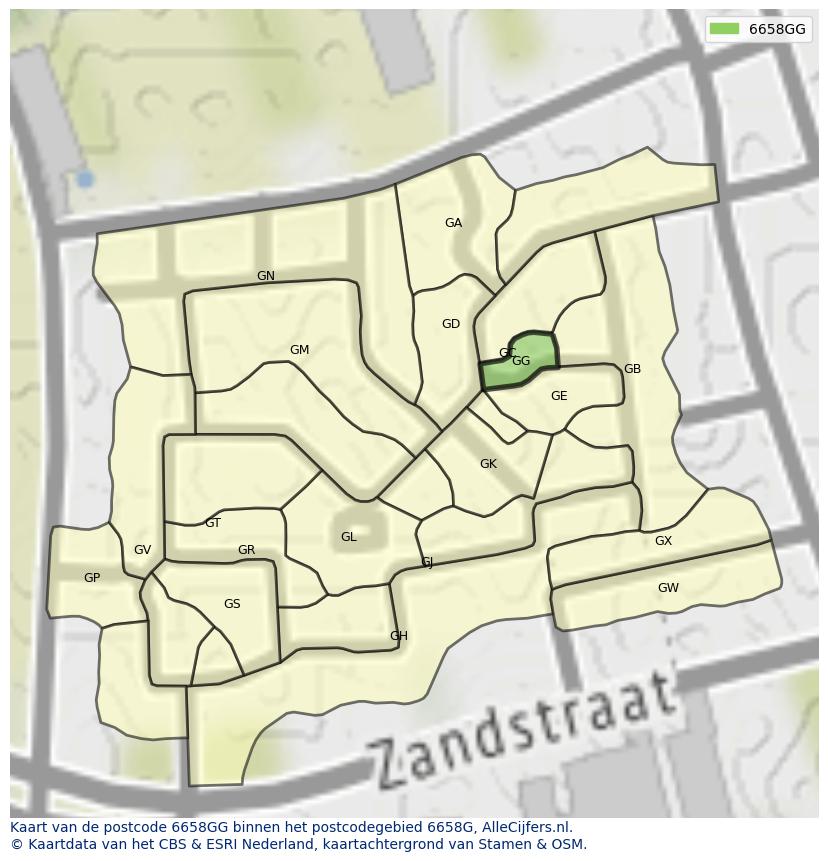 Afbeelding van het postcodegebied 6658 GG op de kaart.