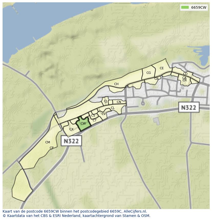 Afbeelding van het postcodegebied 6659 CW op de kaart.
