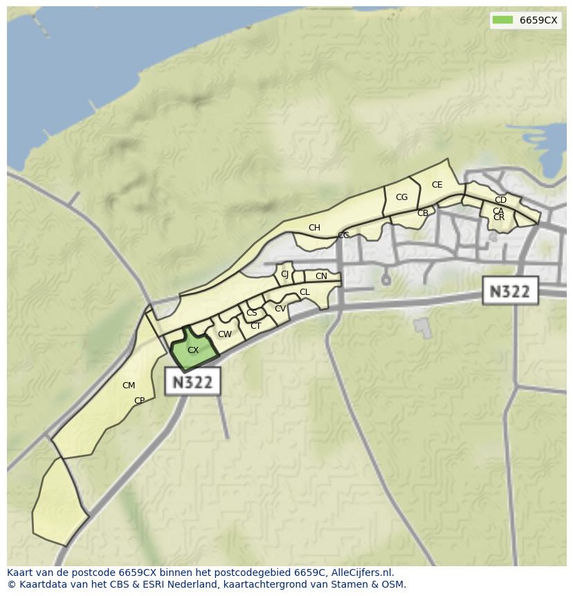 Afbeelding van het postcodegebied 6659 CX op de kaart.