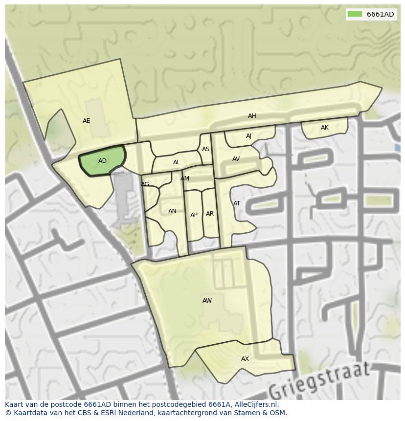 Afbeelding van het postcodegebied 6661 AD op de kaart.