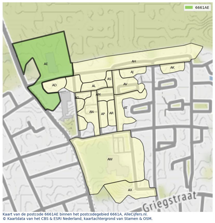Afbeelding van het postcodegebied 6661 AE op de kaart.