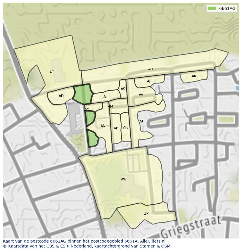 Afbeelding van het postcodegebied 6661 AG op de kaart.