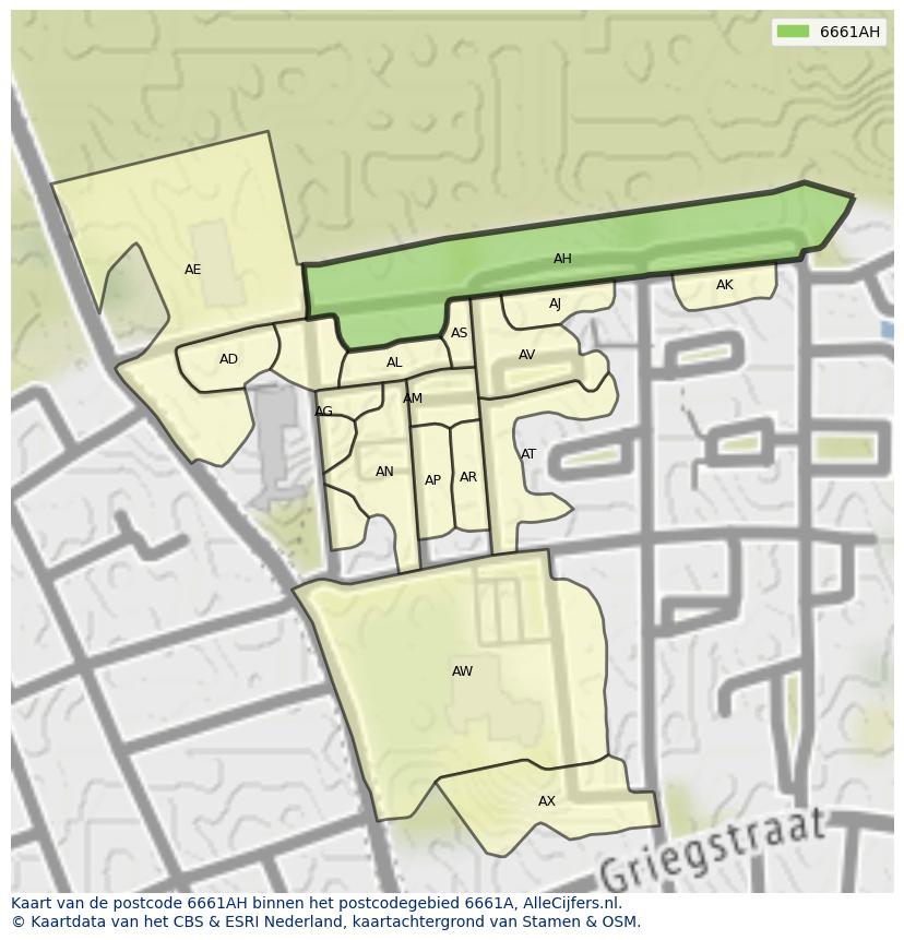 Afbeelding van het postcodegebied 6661 AH op de kaart.