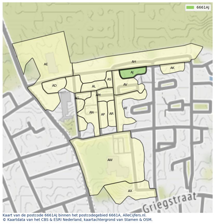 Afbeelding van het postcodegebied 6661 AJ op de kaart.