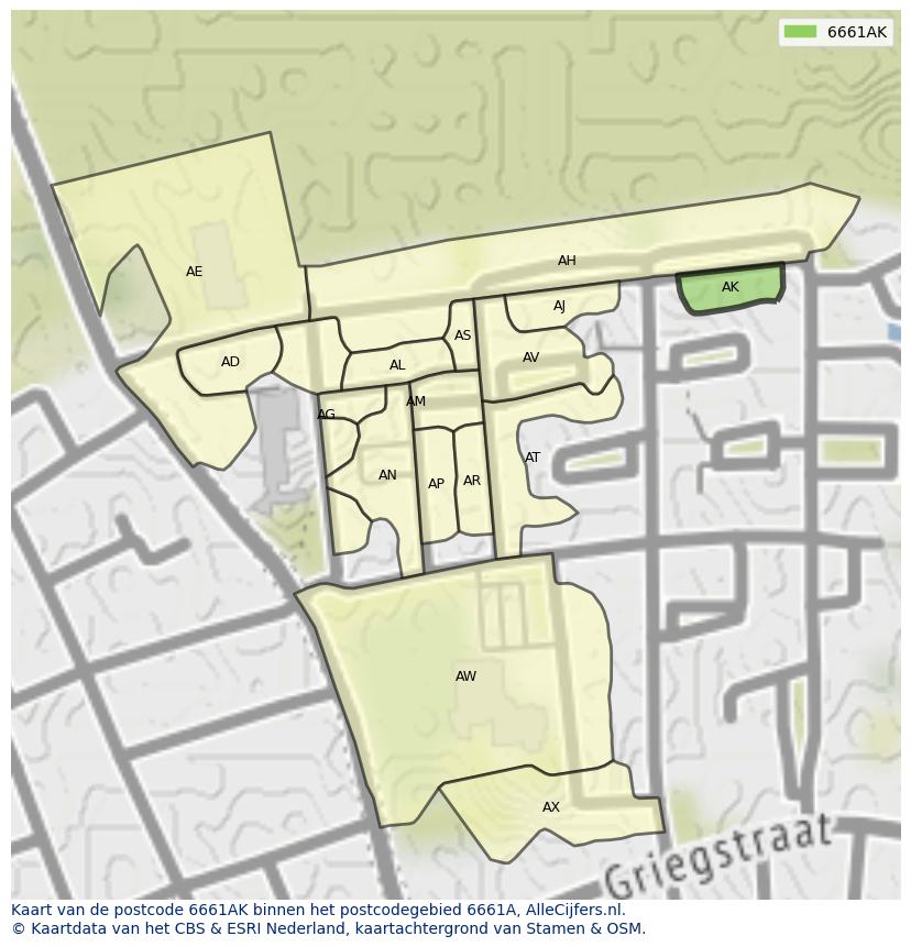 Afbeelding van het postcodegebied 6661 AK op de kaart.