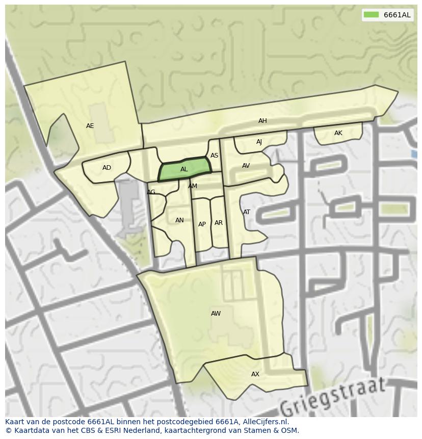 Afbeelding van het postcodegebied 6661 AL op de kaart.