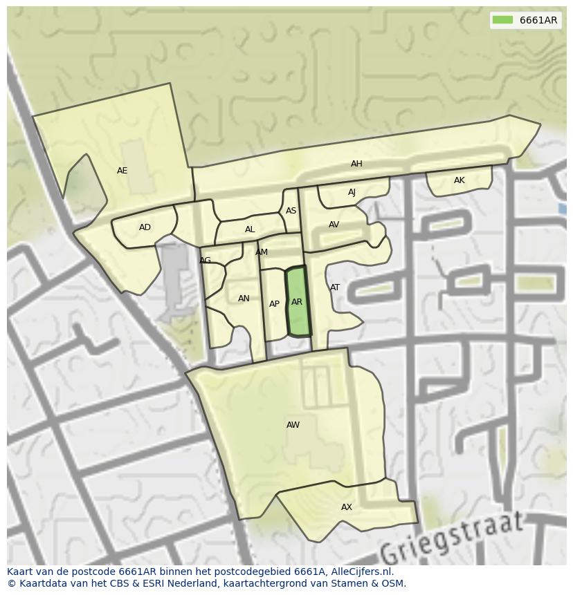 Afbeelding van het postcodegebied 6661 AR op de kaart.