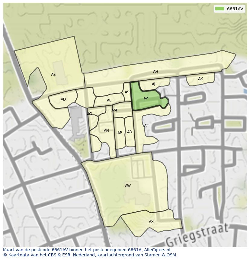 Afbeelding van het postcodegebied 6661 AV op de kaart.