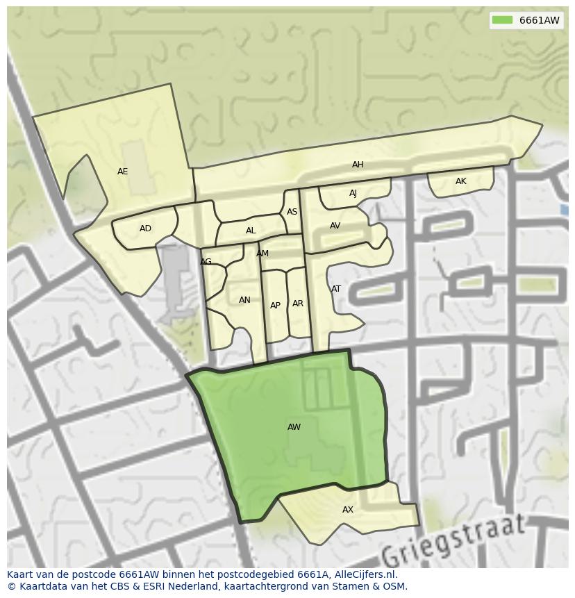 Afbeelding van het postcodegebied 6661 AW op de kaart.
