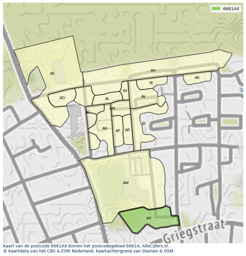 Afbeelding van het postcodegebied 6661 AX op de kaart.