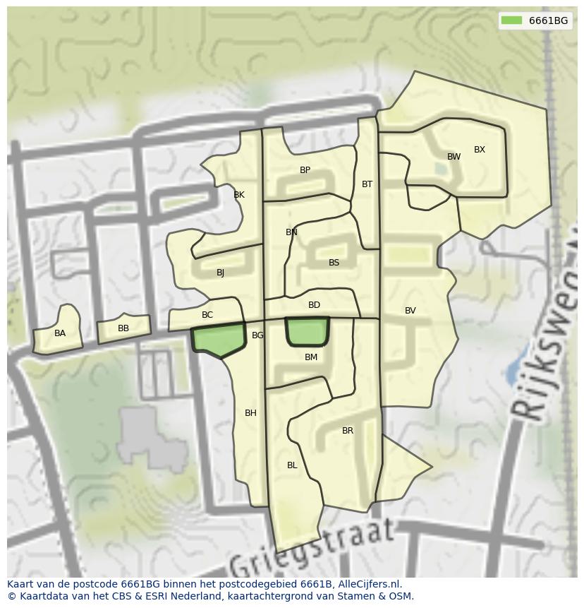 Afbeelding van het postcodegebied 6661 BG op de kaart.
