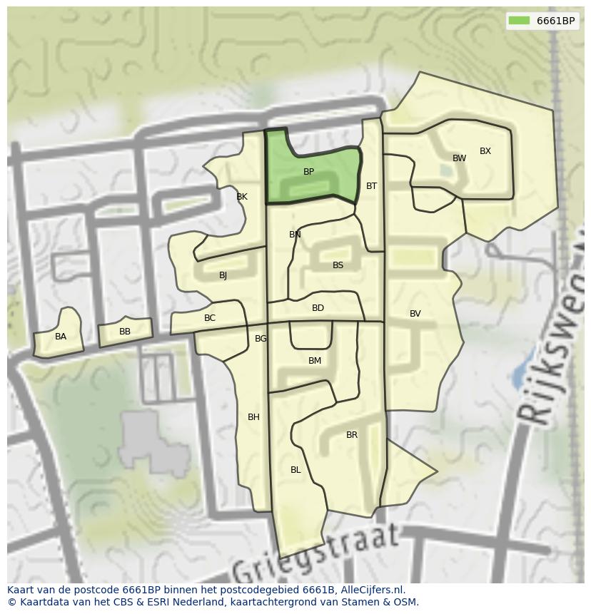 Afbeelding van het postcodegebied 6661 BP op de kaart.