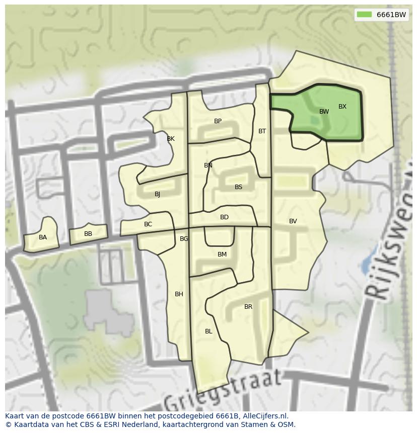 Afbeelding van het postcodegebied 6661 BW op de kaart.