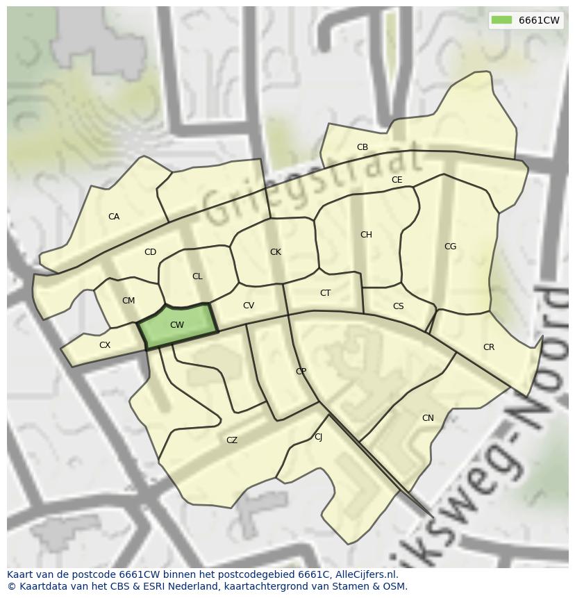 Afbeelding van het postcodegebied 6661 CW op de kaart.