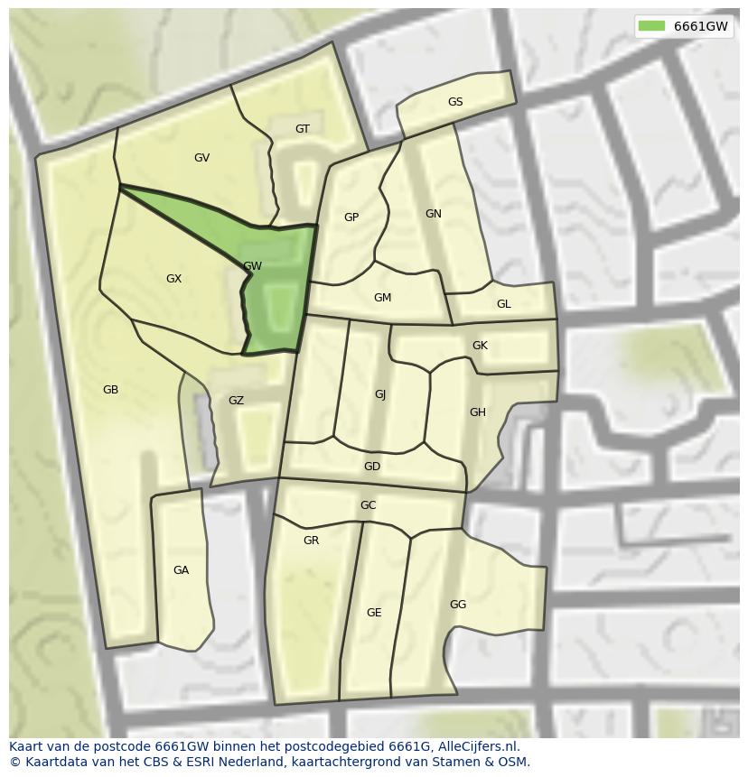 Afbeelding van het postcodegebied 6661 GW op de kaart.
