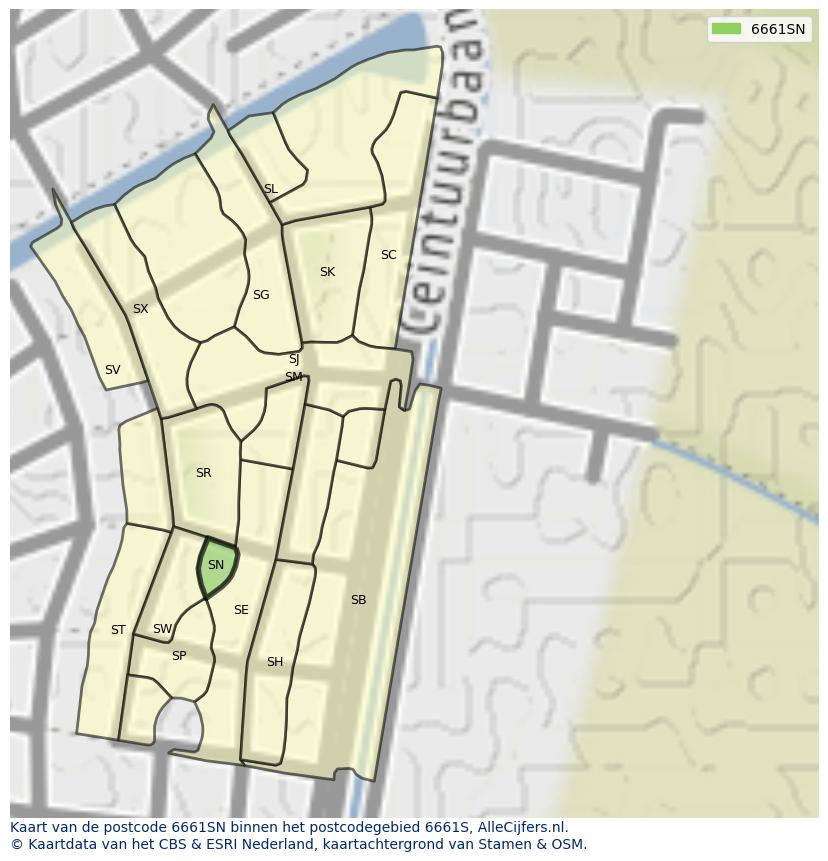 Afbeelding van het postcodegebied 6661 SN op de kaart.