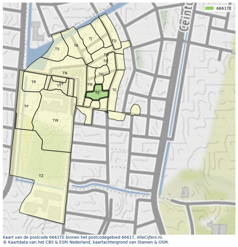 Afbeelding van het postcodegebied 6661 TE op de kaart.