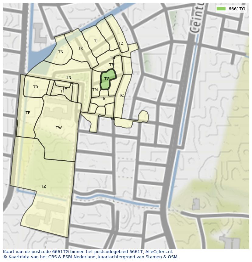 Afbeelding van het postcodegebied 6661 TG op de kaart.