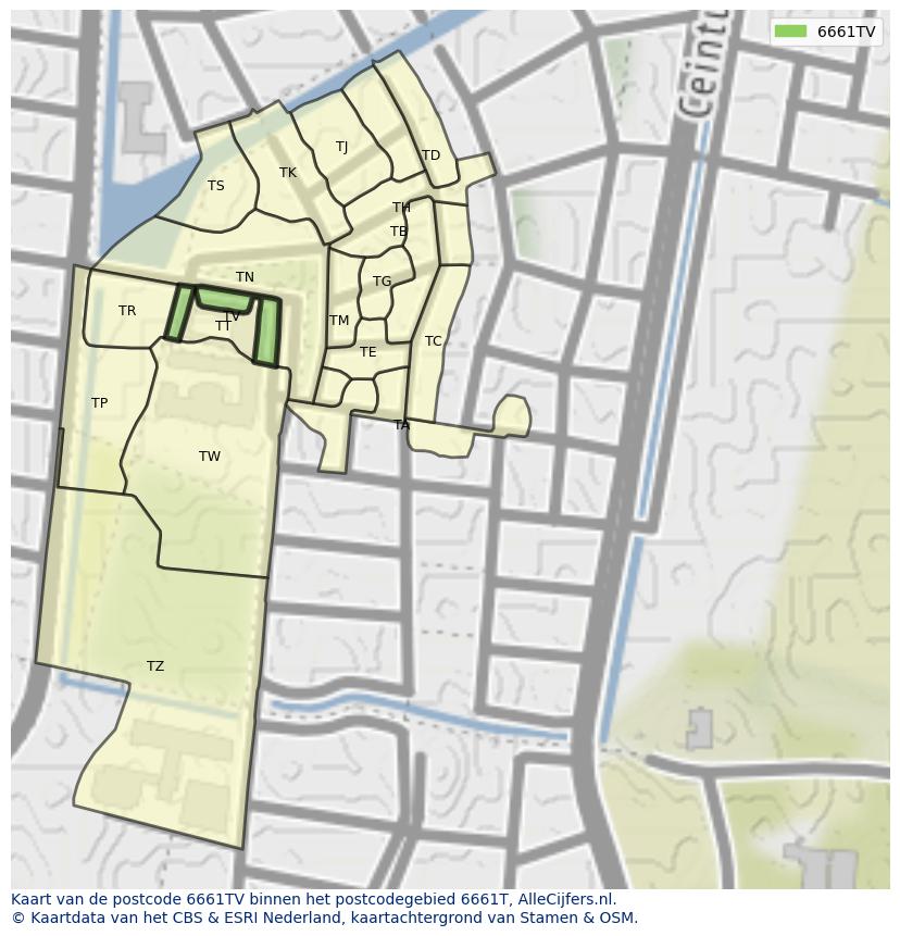 Afbeelding van het postcodegebied 6661 TV op de kaart.