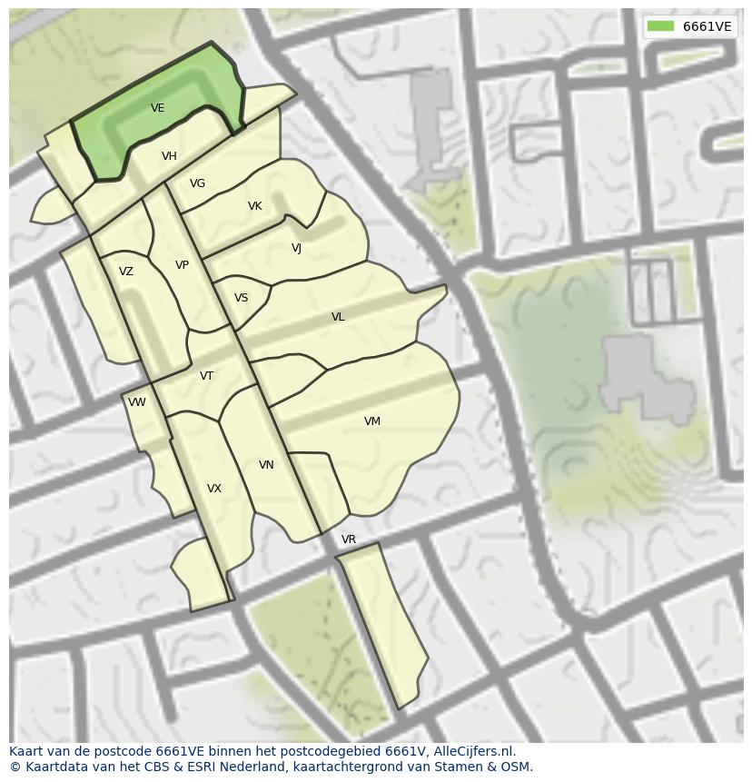 Afbeelding van het postcodegebied 6661 VE op de kaart.